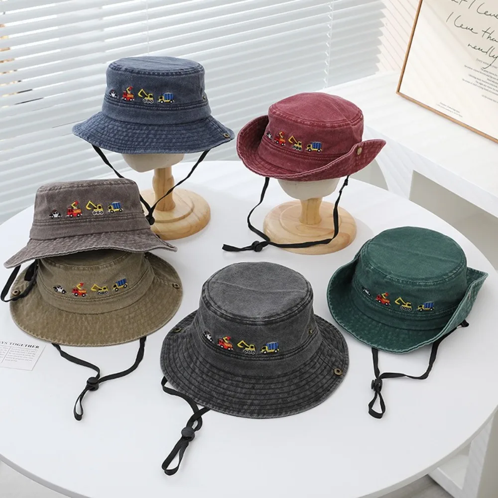 

Cute Embroidered Vehicles Caps Breathable Adjustable Boys Sun Hat Solid Color Fisherman's Hat for 2-6Years