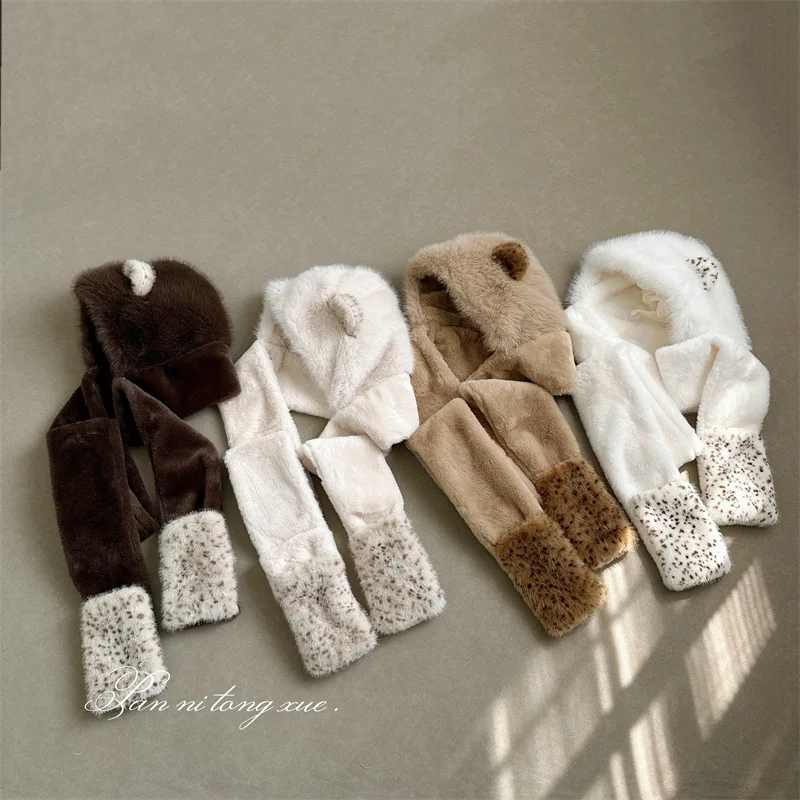 2026 Fall Winter Fleece Lined Hooded Scarf Gloves Set Women Warm Casual New