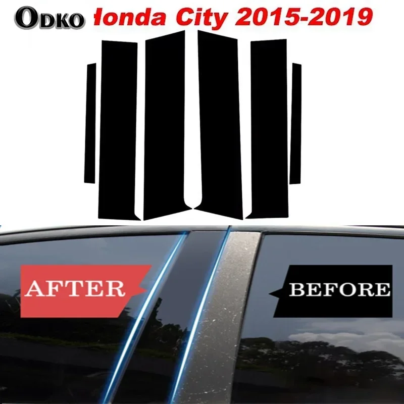 6 pcs/set Car Window Pillar Posts Door Trims Cover Black Sticker for Honda City 2015-2017 2018 2019 Accessories Exterior Parts