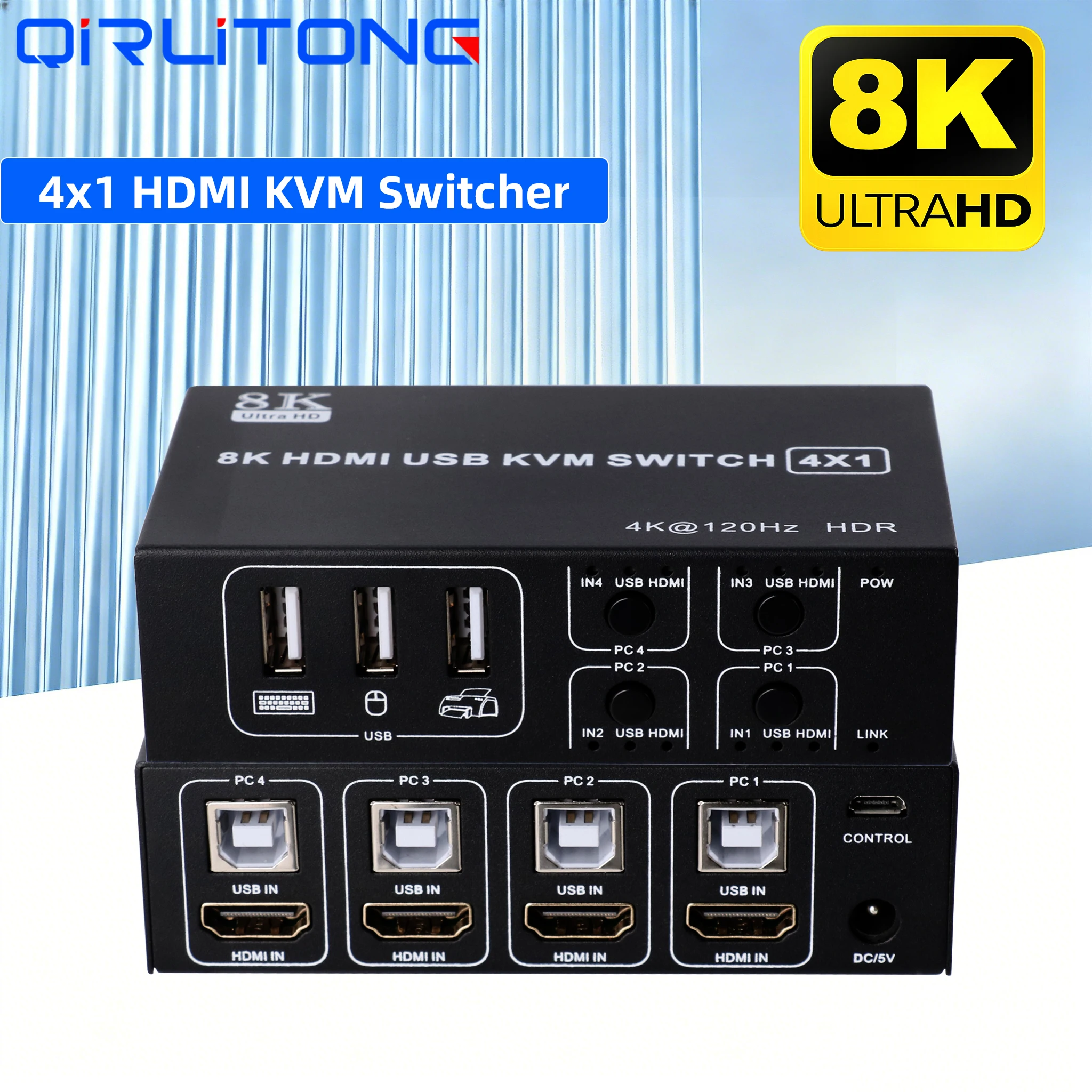 4K 60Hz 8K 120Hz HDMI KVM Switch 2x1 4x1 HDMI USB Switch Selector with Desktop Controller for 4 PC Share Printer Mouse Keyboard