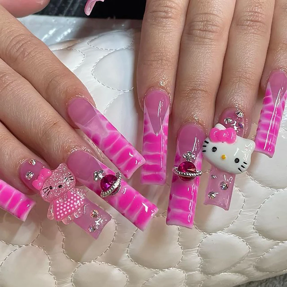 Sanrio Hello Kitty French Xl Long Square Wearable Press On Nails Spice Girl Pentagram Rhinestone Nails Sticker Charm Girls Gift