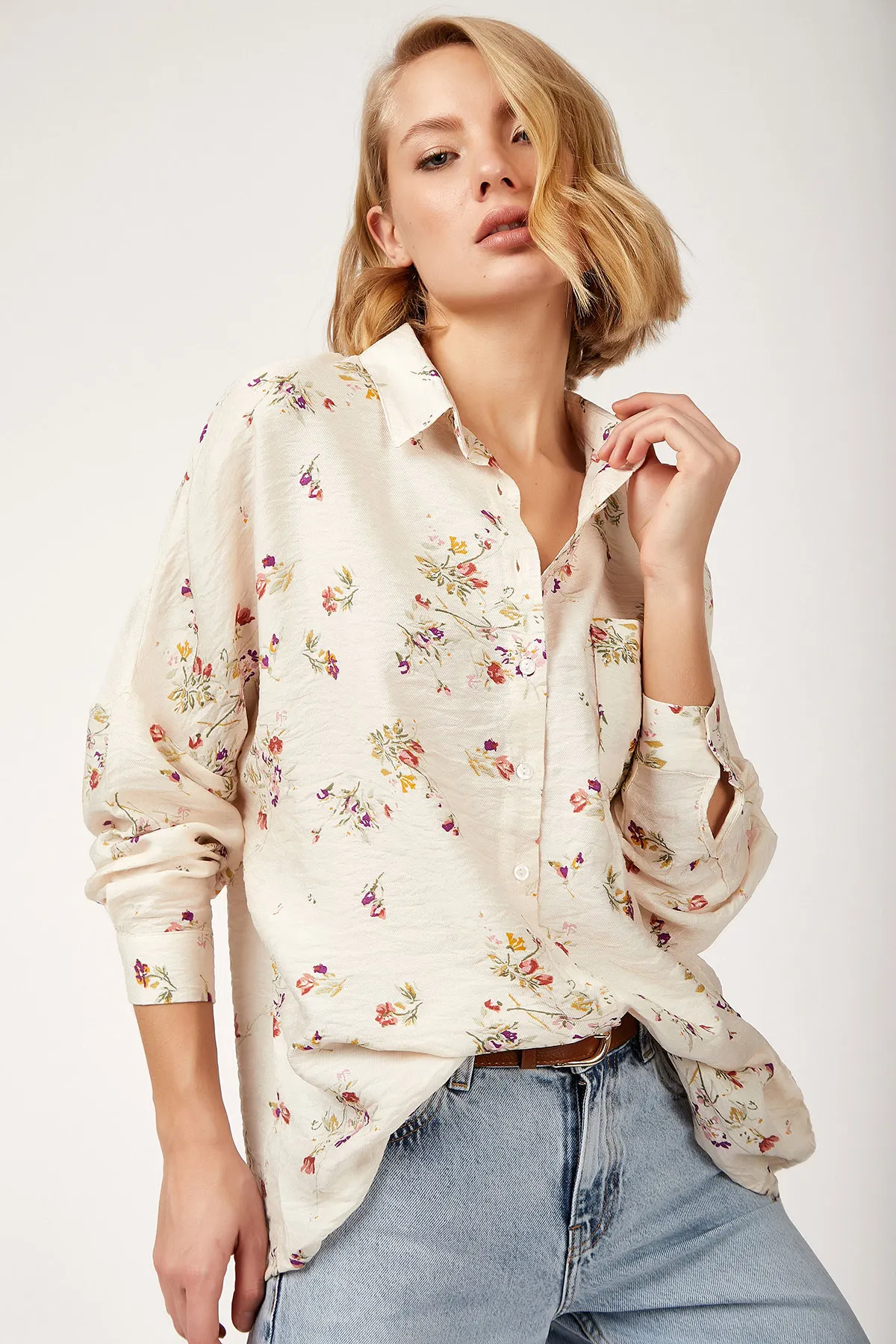 

FLOWER PATTERNED LINEN LOOKING SHIRT 2021 Spring autumn women's shirt blouse street shirt new simple office lady