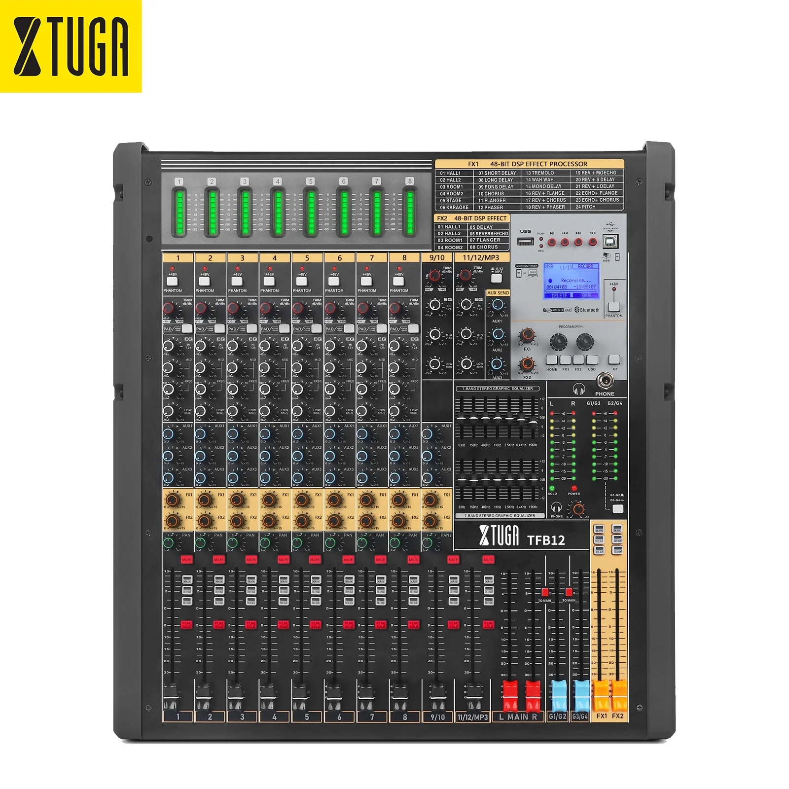 Xtuga TFB12 Four Group Output Aux 7 Band EQ 100mm Fader Analog Dj Controller/Audio Console Mixer