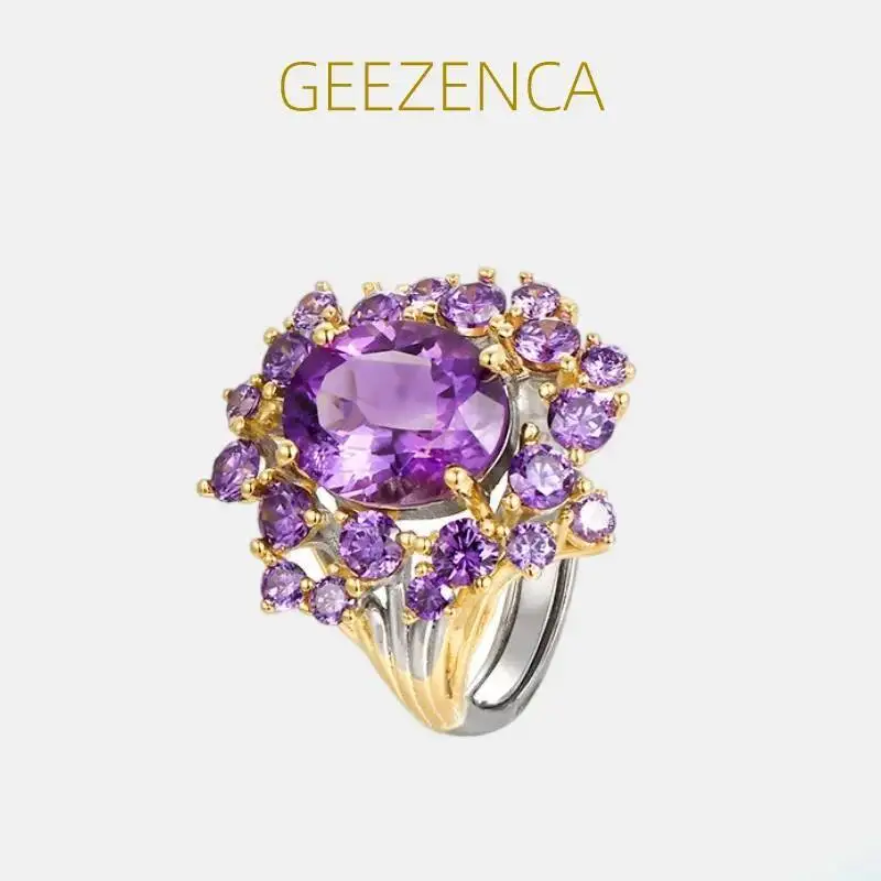 

GEEZENCA Natural Amethyst 925 Sterling Silver Flower Adjustable Rings For Women Clearance Limited Stock First Come First Get
