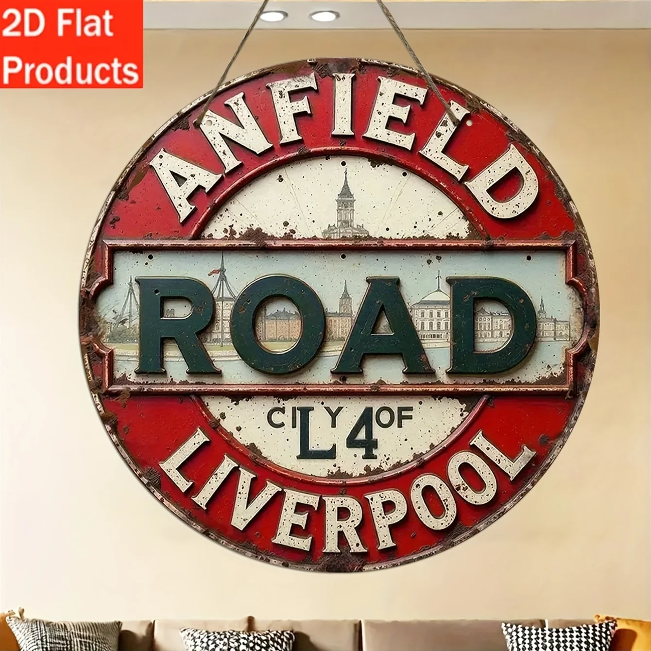 2D Flat, Vintage Liverpool L4 Anfield Road Round Wall Sign - Rustic Wooden Decorative Plaque with Historic Landmarks, Perfect fo