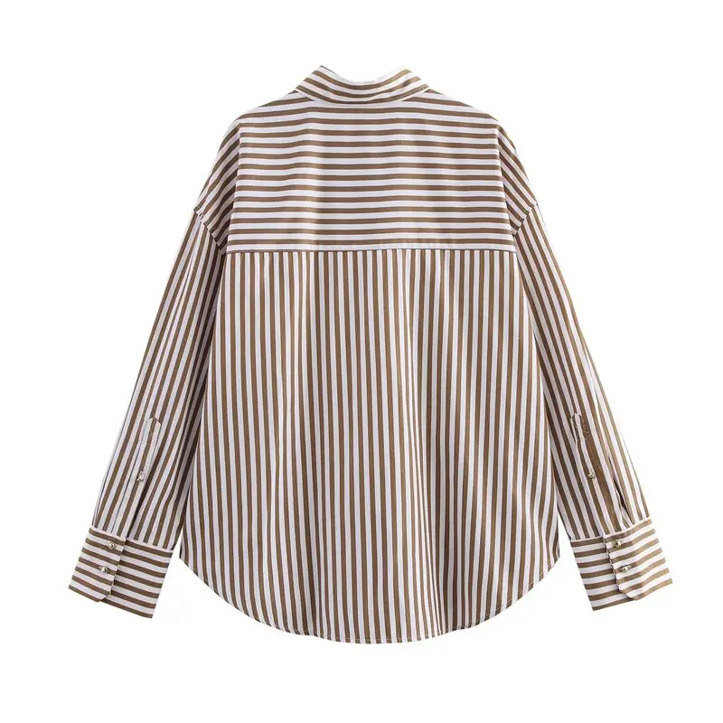 Spring 2025 Women's Faion Metal Tead Striped Long Sve Collared irt New Arrival Versatile Loose Fit Regular Length