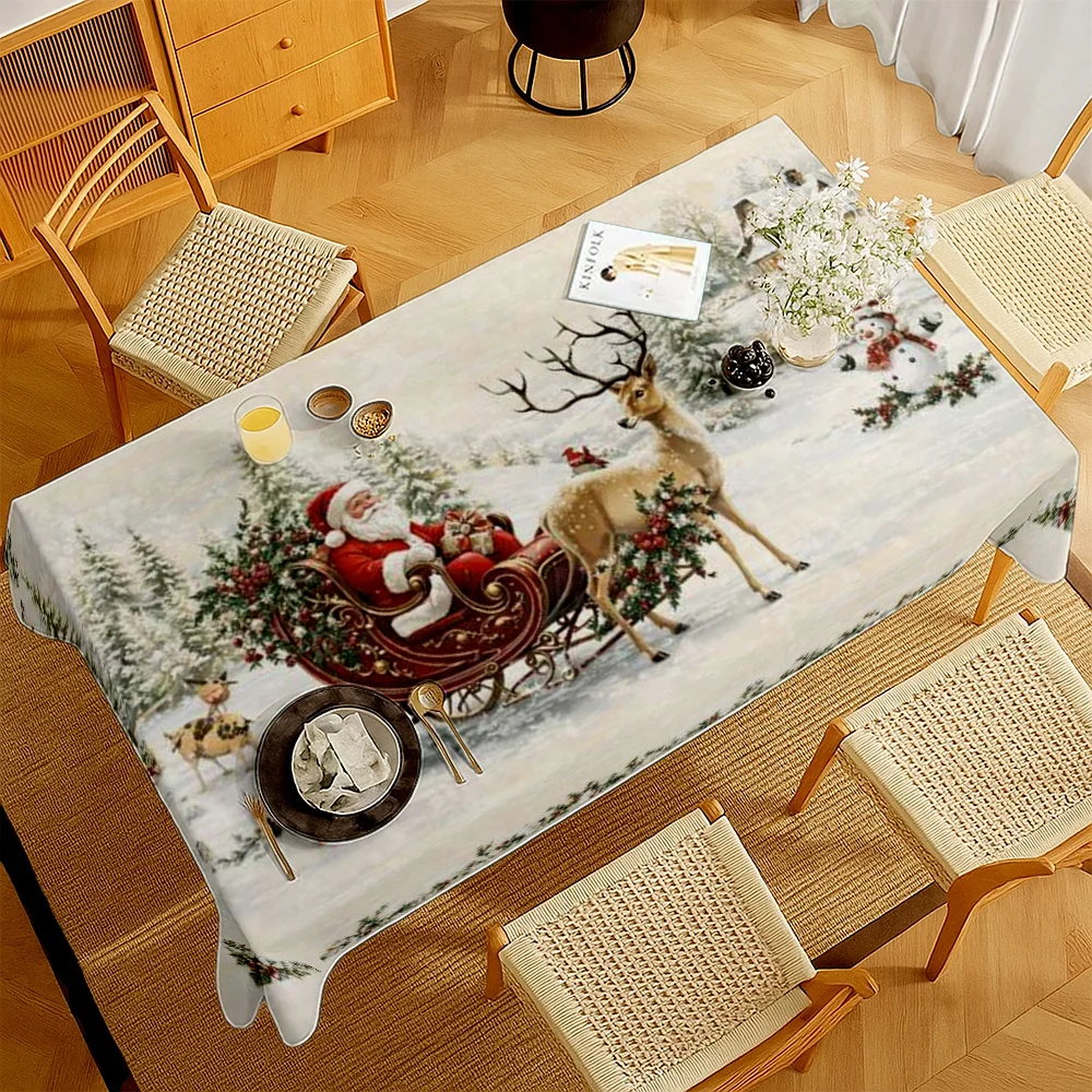 Christmas Tablecloth, Santa Sleigh Reindeer Snowy Scene Print Cover, Washable Table Cloth for Party, Holiday Home Table Decor