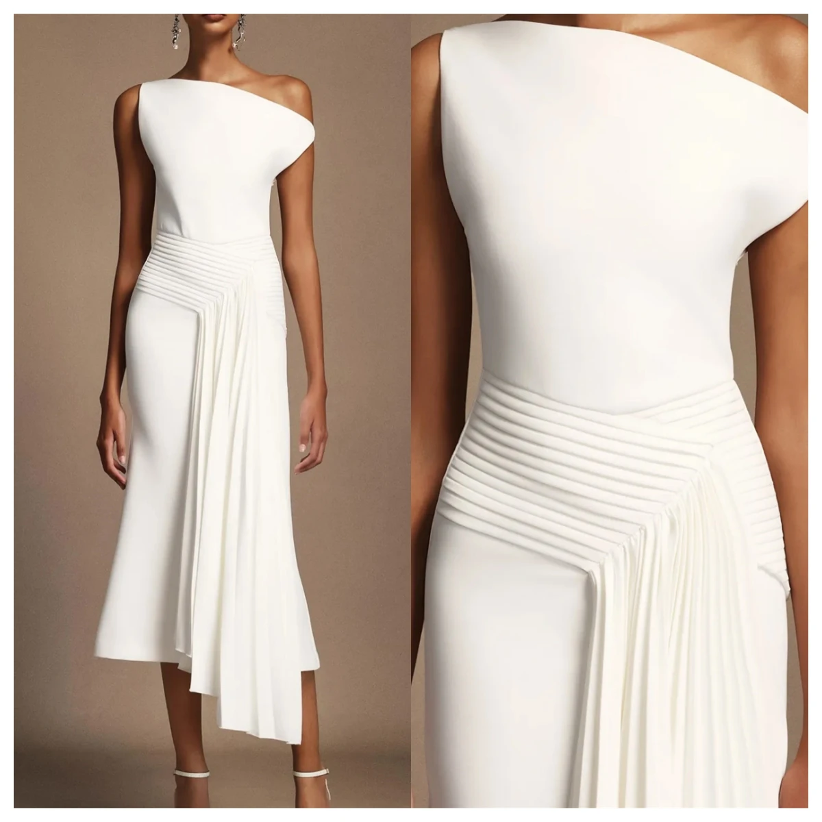 

Customized Modern White Jersey Evening Dress Off the Shoulder Sleeveless Bridal Party Bespoke Occasion Gowns Zipper Back