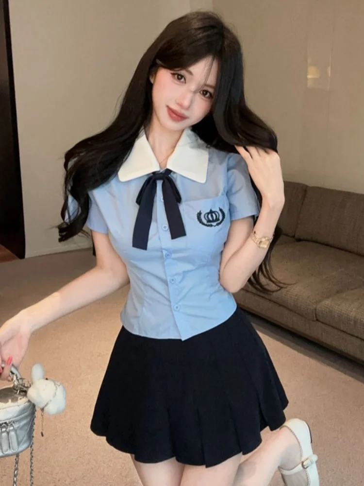 

Korean Style Sweet School Uniform JK Uniform Slim Short Sleeve Shirt Women Summer High Waist Slimming Pleated Skirt Two ...