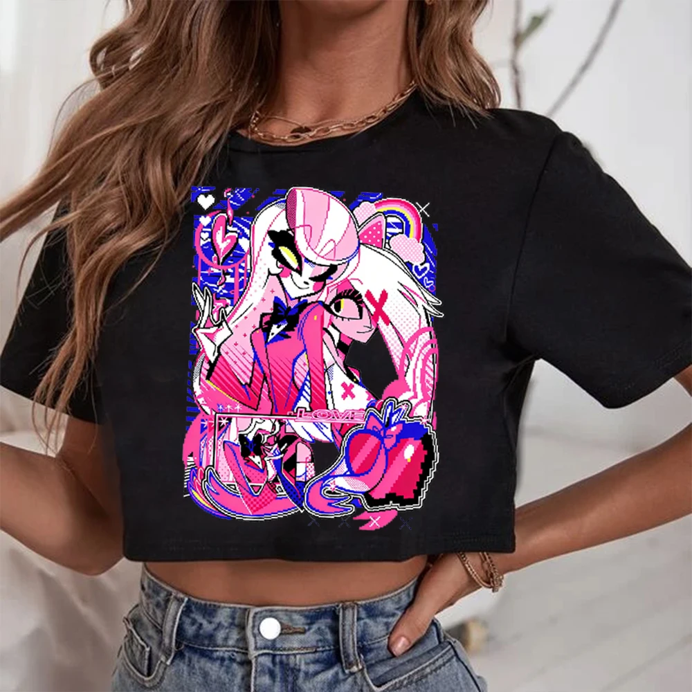 

Funny Movie Hazbin Hotel Charlie and Vaggie Shirt Women O-Neck Short Sleeves Crop Tops T-shirt