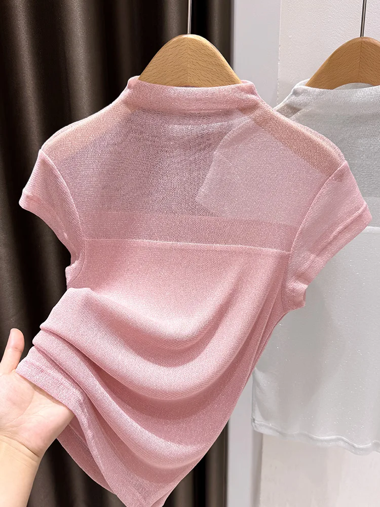 

Sweet Dopane Lace Hollow out ort Sve T-irt Women's Summer Me Net f High Collar Base irt Thin Upper Body