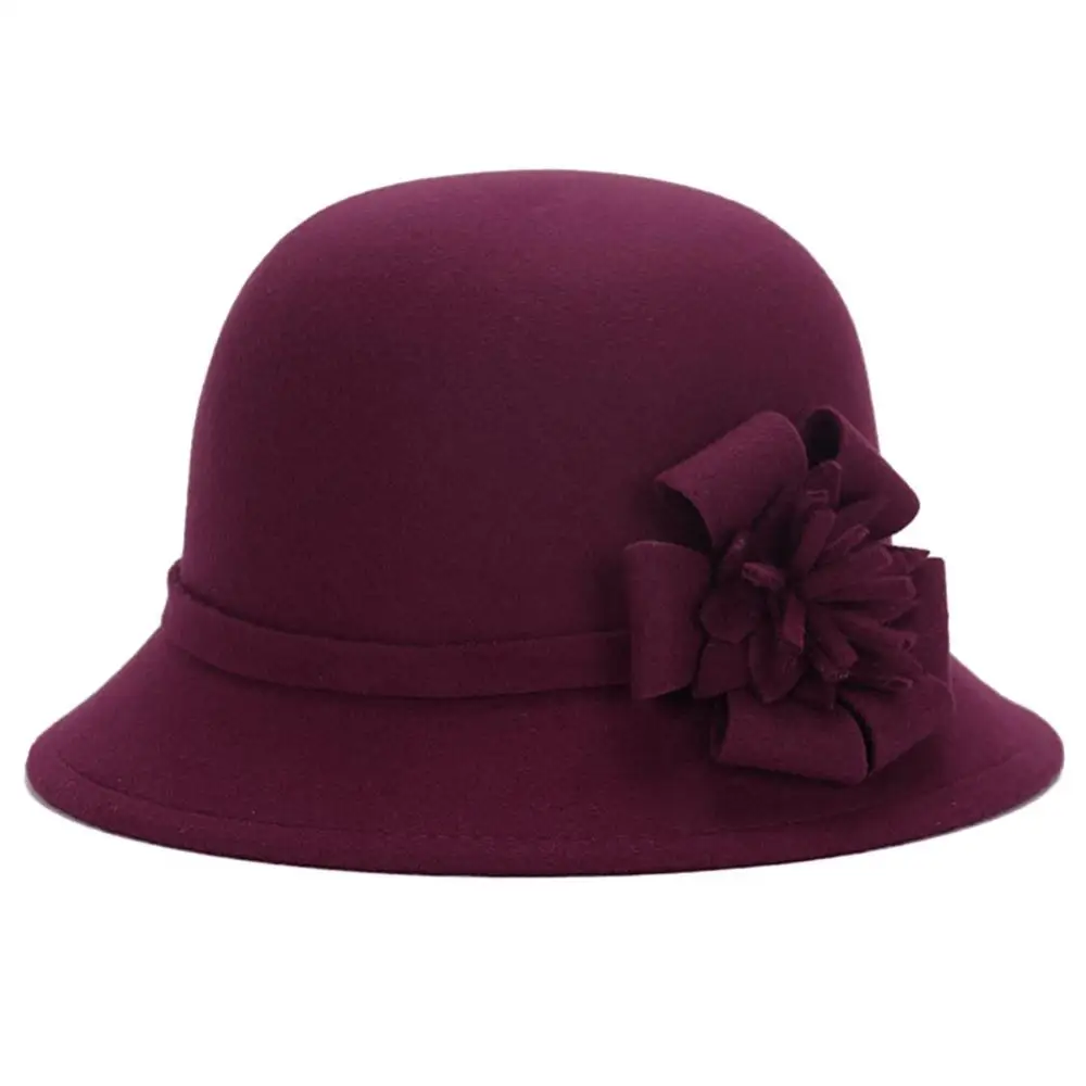 Vintage Women Hats Imitation Woolen Flower Decor Bucket Hat Bowler Cap