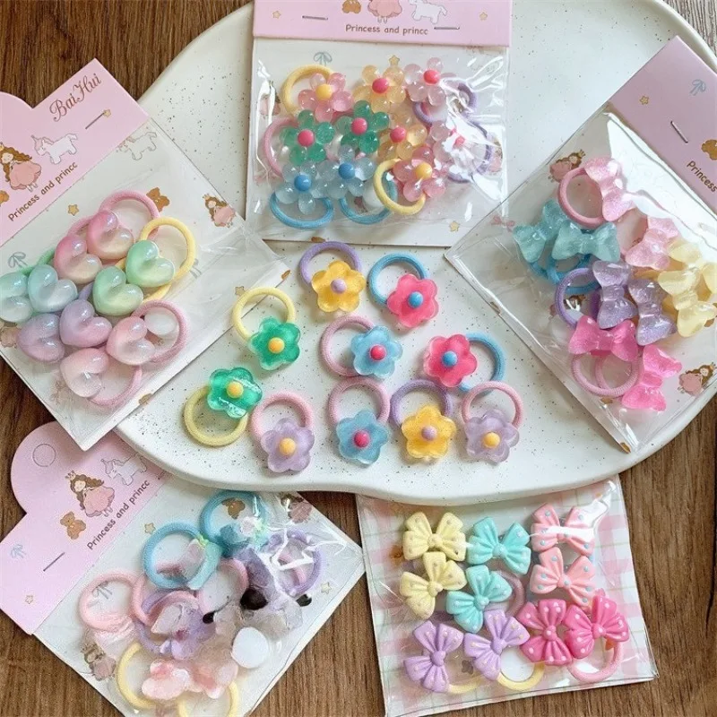 Mini Flower Cartoon Bow Hair Ties 10Pcs Bagged Set for Girls Elastic Ponytail Holders Cute No Damage Toddler Hair Accessories