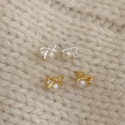 2-piece set of mini elegant zircon pearl bow earrings for ladies, cute daily earrings, birthday and back to school season gifts