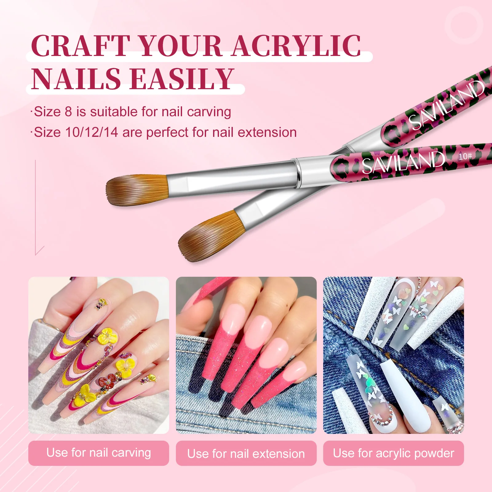 SAVILAND 4 قطعة Kolinsky مجموعة فرشاة أظافر الأكريليك أحجام احترافية 8 10 12 14 لمسحوق الأكريليك ثلاثية الأبعاد صالون تجميل الأظافر للاستخدام المنزلي