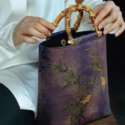 Women's Vintage Embroidery Shopping Bag Original Bamboo Handle Ancient Style Handbag Chinese Large Capacity Country Style Tote