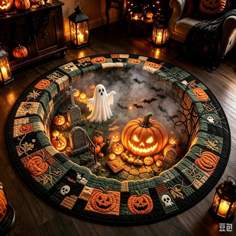 3D Optical‑Illusion Pumpkin Stair Halloween Round Rug, Spooky Printed Circular Floor Carpet, Indoor Home Decor