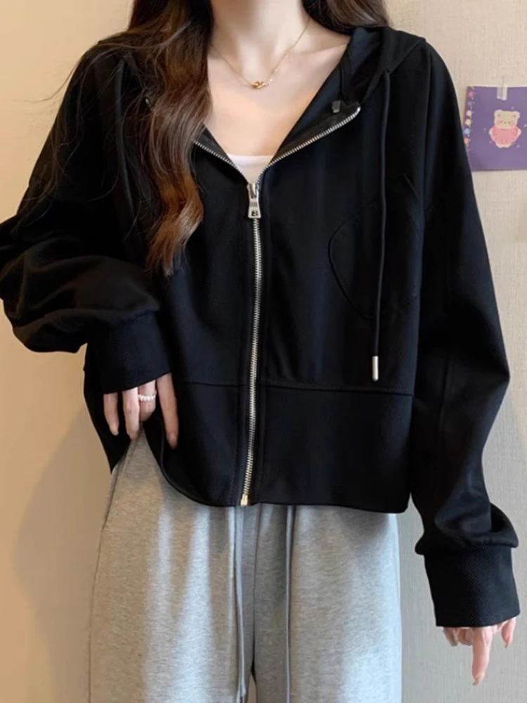

Black Hooded Long Sleeve Sweatshirt Jacket Women's Spring New Large Size Outerwear Cardigan Slimming Zipper Top