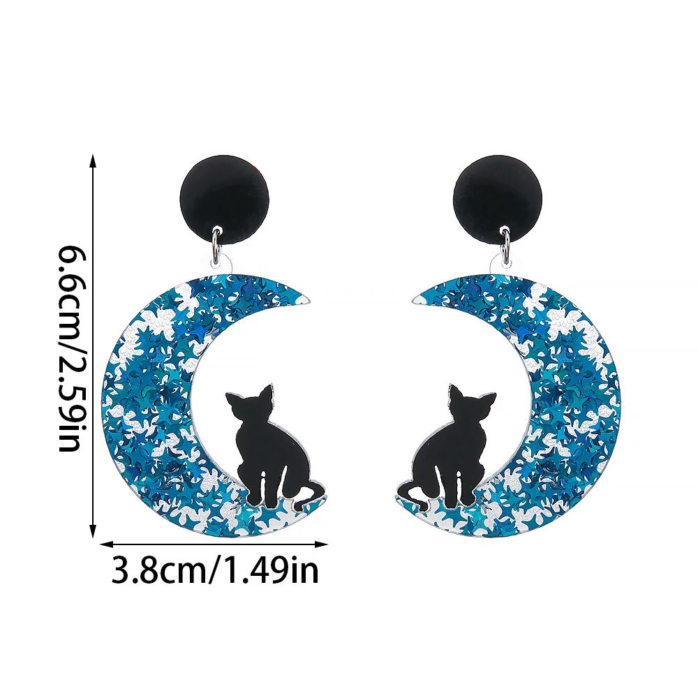 Creative Cute Big Acrylic Black Cat on the Moon Dangle Drop Earrings Dainty Chic Lovely Animal Moon Star Hook Earring for Girls