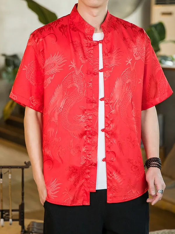 

Красный драконий халат (орт. северо-восточный) с воротником-стойкой на пуговицах для мужчин, китайский стиль, дышащий полиэстер, весна-лето