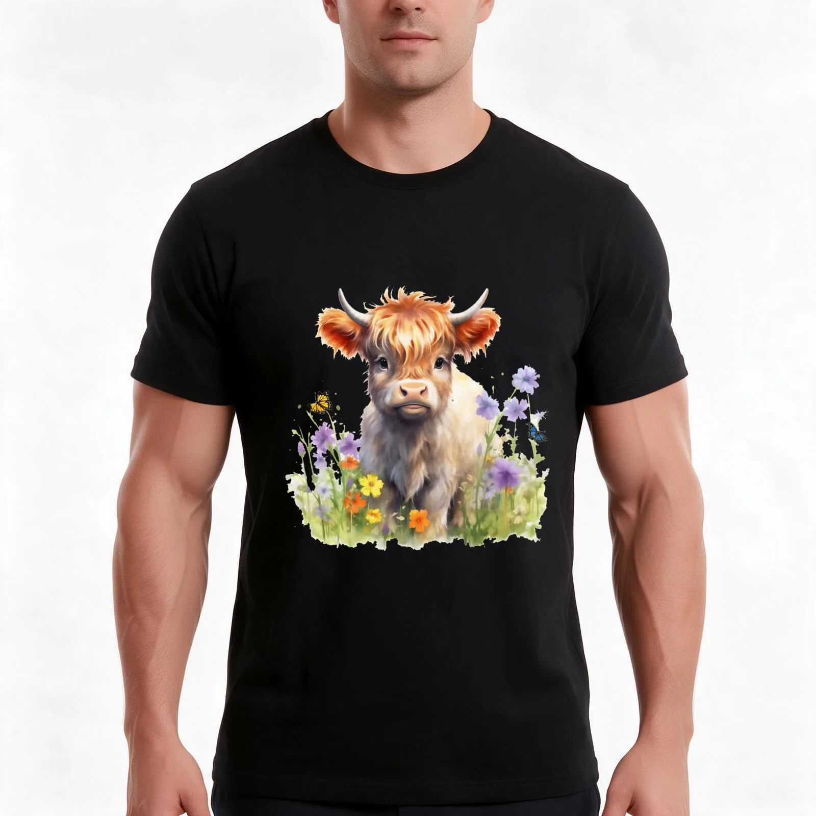 Long Haired Baby Highland Cow T-Shirt Summer Casual Cotton Tee Oversized Streetwear Tops Vintage Graphic Print 100% Cotton