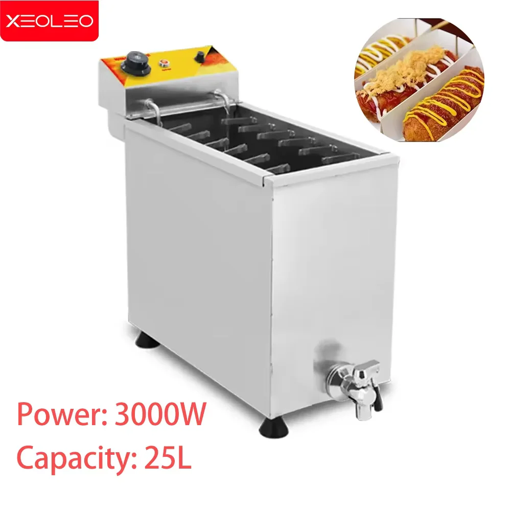 XEOLEO 3000W C﻿ommercial Electric Deep Fryer 25L Cheese Hot Dog Sticks Fryer Electric Korean Mozzarella Corn Dog Fryer Machine