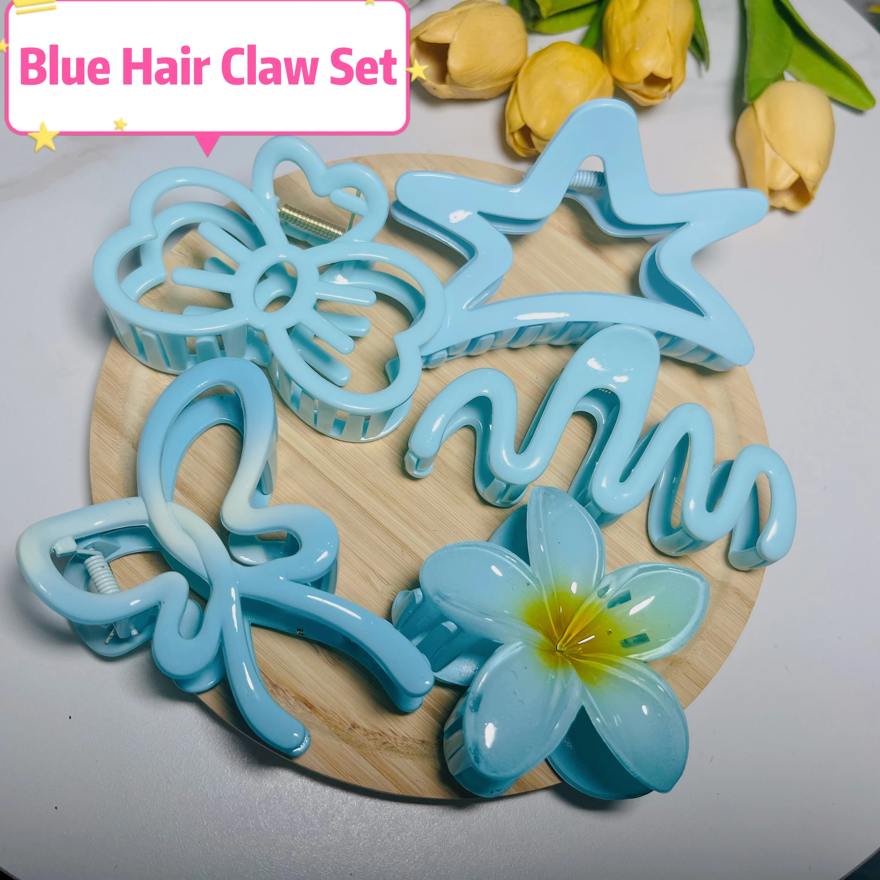 

5Pcs Charm Blue Color Cat Bow Wave Flower Butterfly Star Large Hair Clip Claw Set Women Sweet Barrette Party Hair Accessories