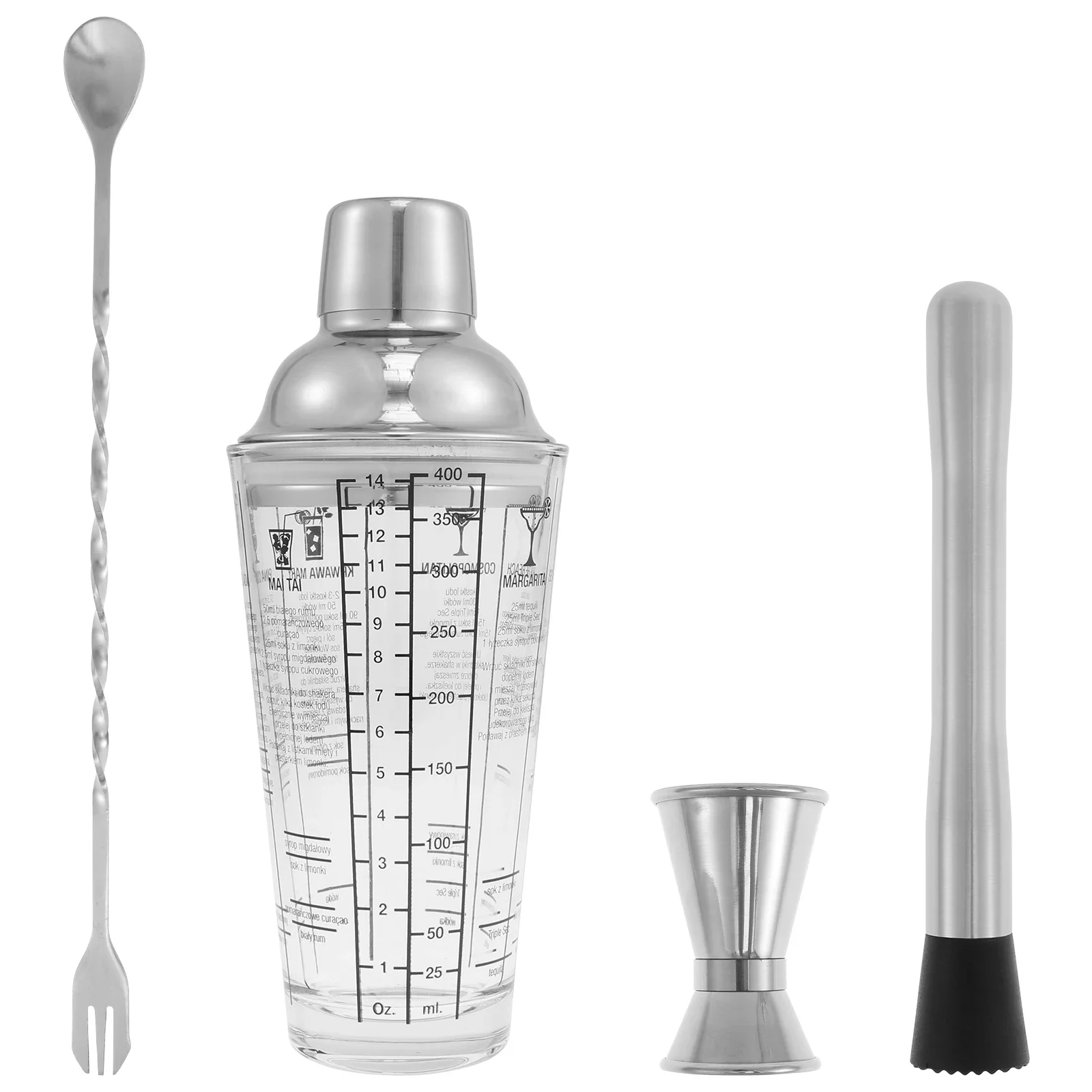 

4Pcs 400ml Glass Cocktail Mixer Set with Measuring Cup Mixing Spoon Muddler Cocktail Mixer Set Bartender Kit for Home Bar