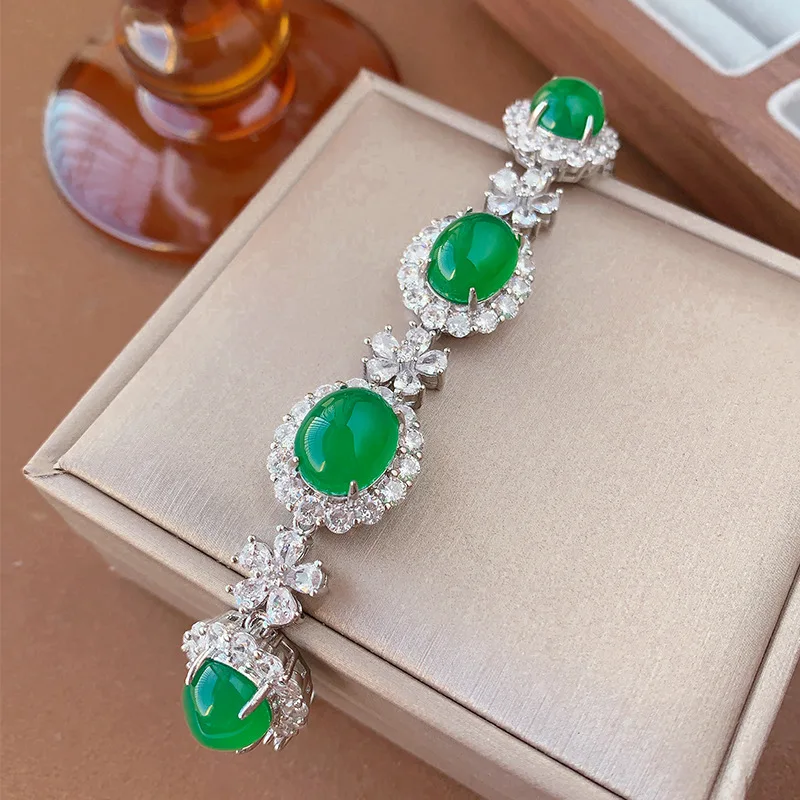 New Jewelry Green Chalcedony Fluorescent Bracelet Round Diamond Inlaid Jade Bracelet Women's Birthday Gift