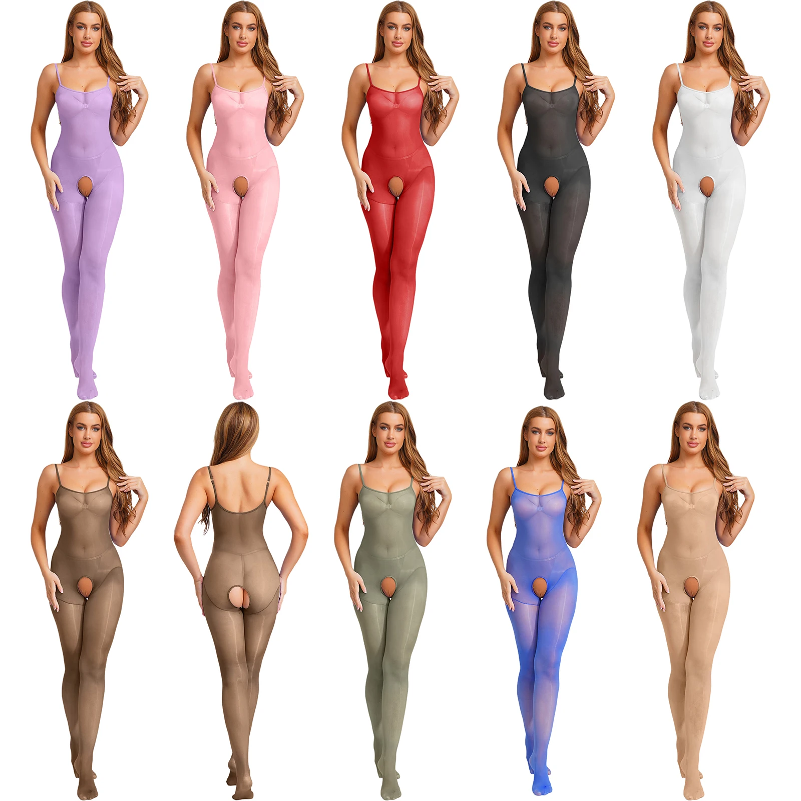 Frauen Sexy Sheer Mesh Glänzend Ouvert Bodysuit Einstellbare Spaghetti Bodystockings Footed Overall Clubwear Dessous Nachtwäsche