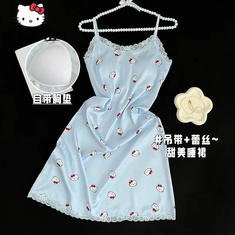 Sanrio Hello Kitty Women Ice Silk Sexy Pajamas Dress With Bra Cute Anime Home Clothes Sexy Pijama Nightwear Y2k Girls Nightgowns