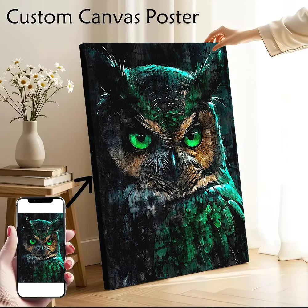 Intense Owl Portrait With Green Eyes Printed Canvas Poster Custom Pictures Wall Art Canvas Painting for Interior Decoration Room