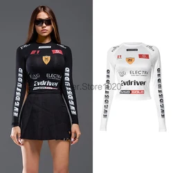 New Moto Biker Printed White T-shirts for Women Hot Girls 2025 Long Sleeve Skinny Tees Sexy HighStreet Casual Tops Streetwear