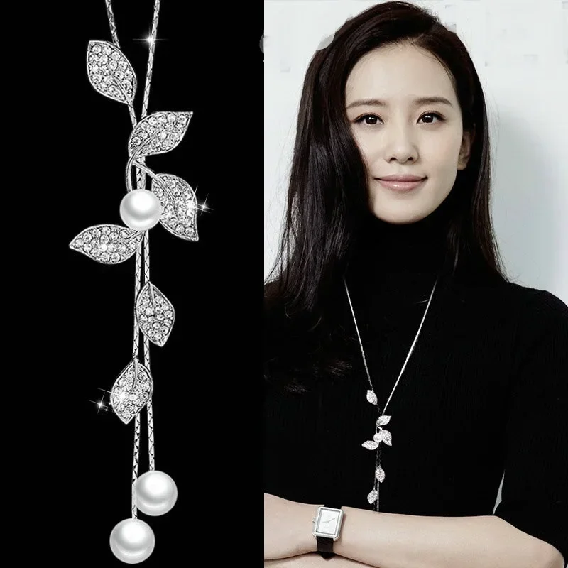 Elegant Leaf Long Necklace Women Bijoux New Fashion Jewelry Simulated-Pearl Necklaces & Pendants