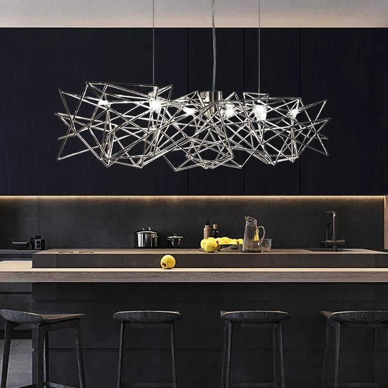 Modern Geometric Wireframe Chandelier Polished Chrome Linear Pendant Light Abstract Irregular Cage Hanging Lamp for Kitchen Isla
