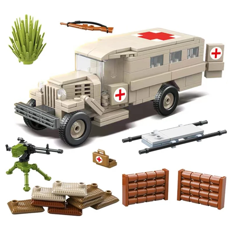 

MOC Military Gaz-552 Ambulance Vehicle Building Blocks Field Hospitals Car Model Bricks WW2 Weapon Soldier Toy For Kid Gift