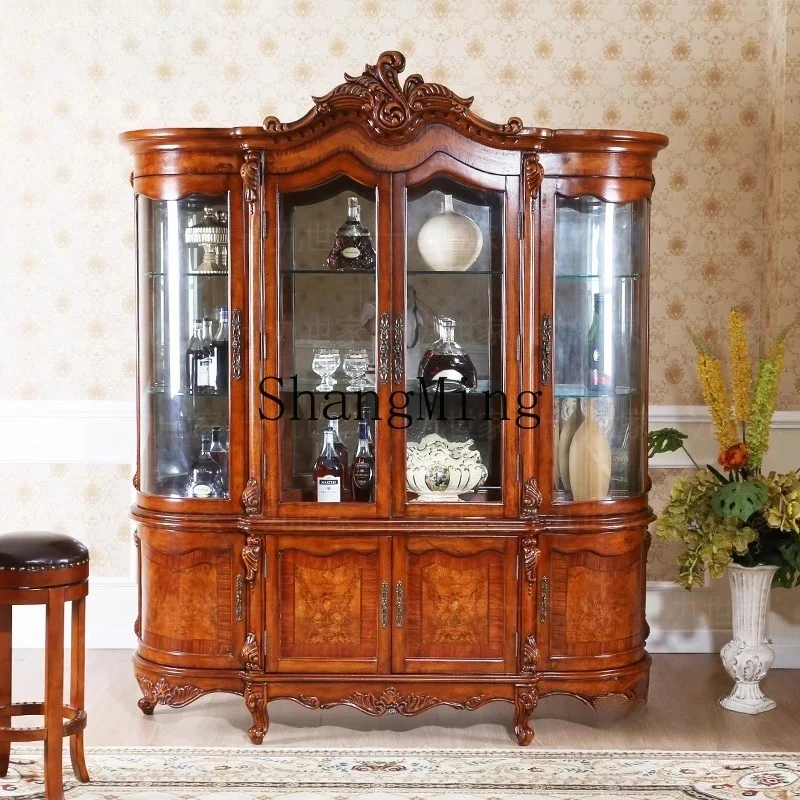 

FG solid wood retro carved living room home glass red wine storage display cabinet