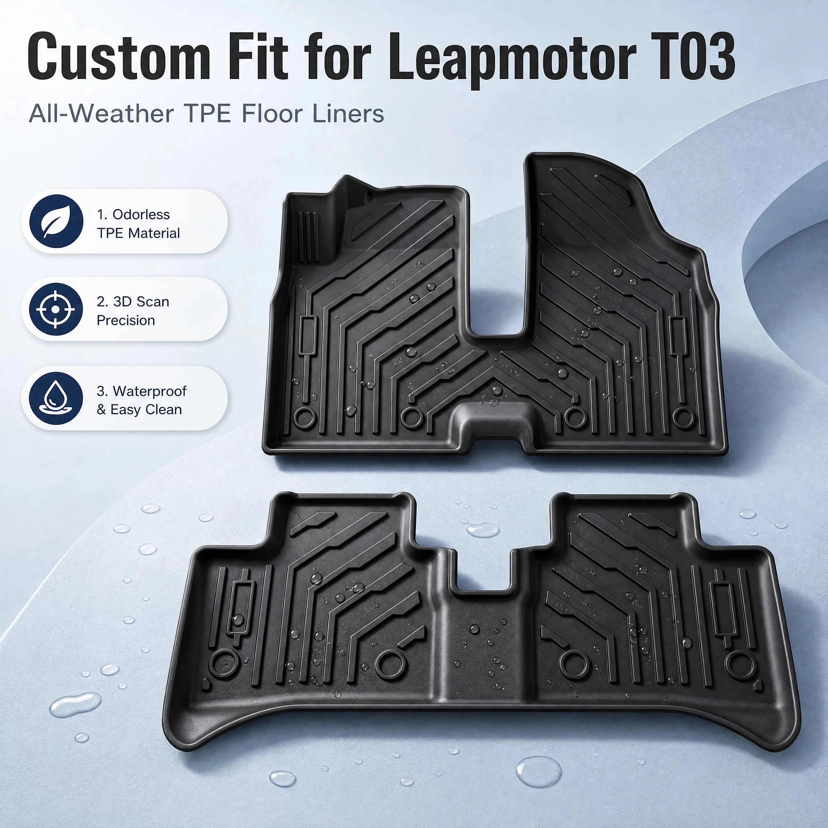 Tapis de sol pour voiture en TPE, adaptés à toutes les conditions météorologiques, spécifiquement conçus pour le Leapmotor T03, anti-poussière, imperméables, antidérapants, faciles à nettoyer, revêtements de sol pour automobile, ensemble de 2 pièces.