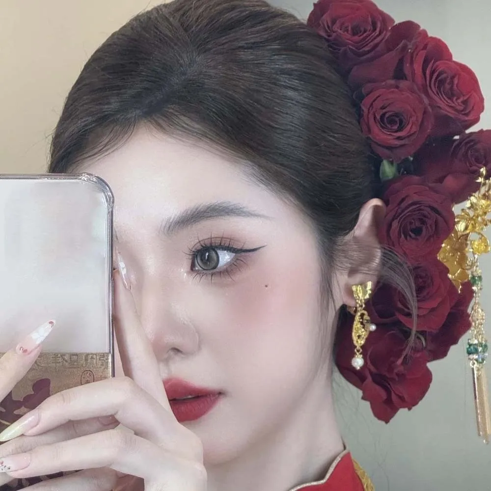 

Hairpin Flowers Sweet Rose Hair Forks Cloth Dark Red Golden Phoenix Hairpin Alloy Headwear Bride Flower Side Clips Girls