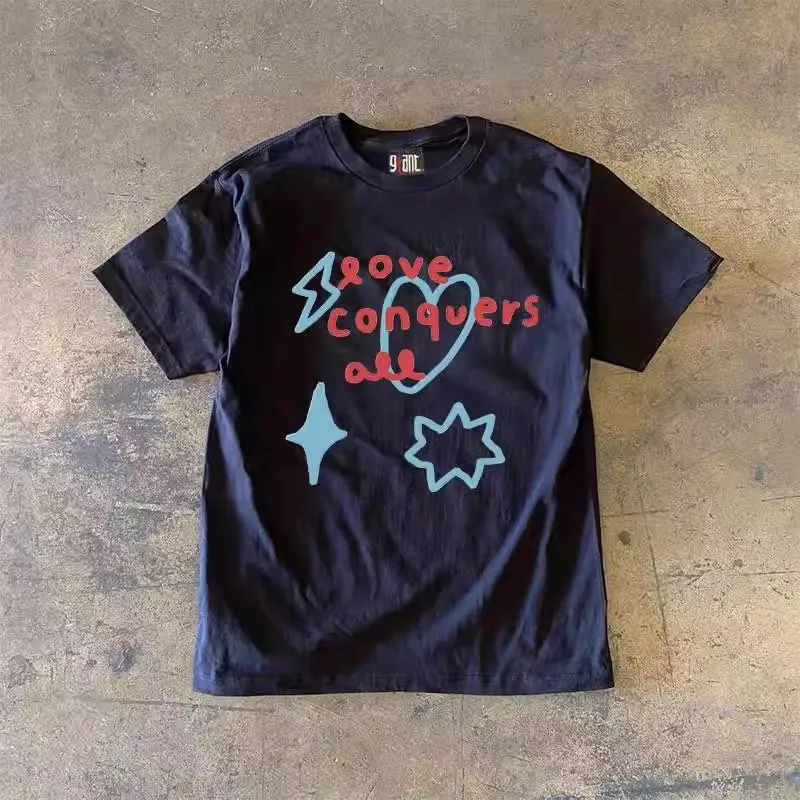 チャリティ募金活動用ヘビーウェイト純綿半袖tシャツ-カップルスタイル-レタープリント-カジュアルサマーファッションアクセサリー