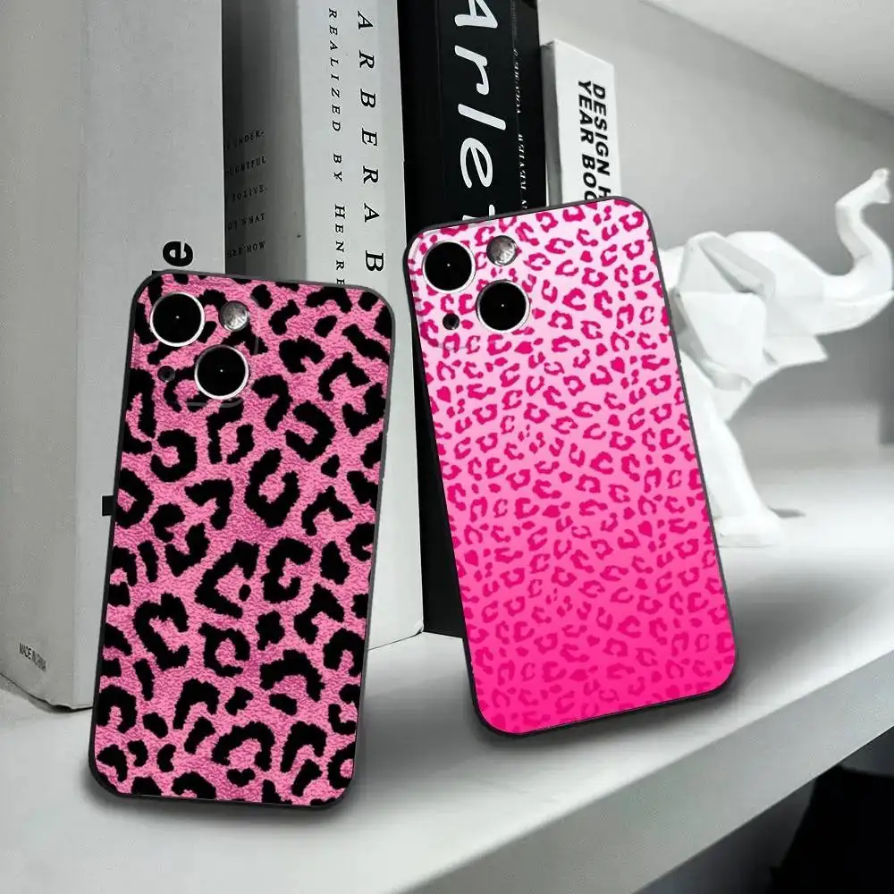 

Pink Leopard Print Phone Case For iPhone16,15,14,13,12 Mini 11 Pro XR,X,XS,MAX 7,8 Plus Silicone Cover Soft Black