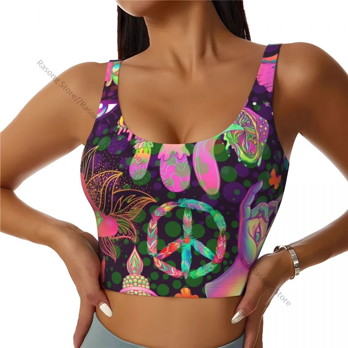 Women Sexy Sports Vest Trippy Mushrooms Peace Sign Butterflies Female Streetwear Sport Lingerie Tee Crop Top