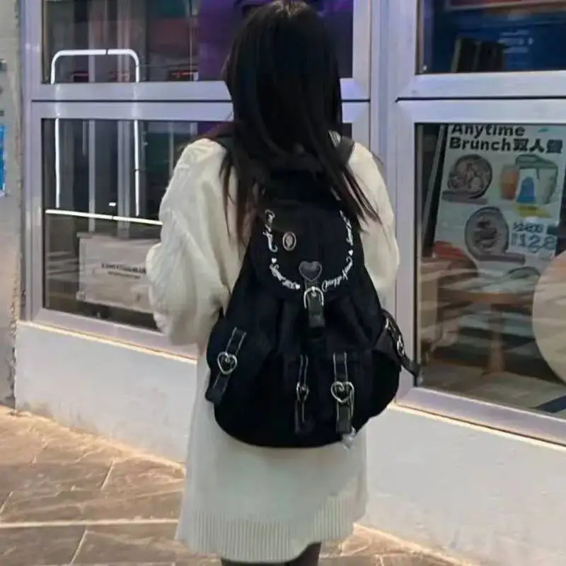 New jean Korean Style Black Backpacks Drawstring Casual Students Bag Chic Large Capacity Tote Bag Heart Y2k Plaid Backpack Girls