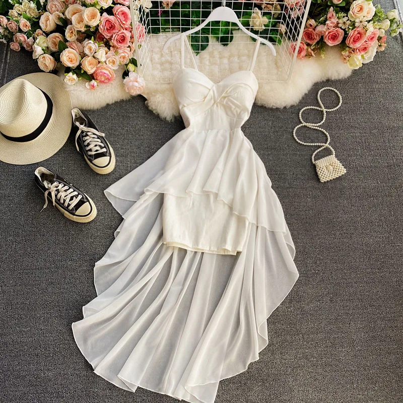 Women's Spaghetti Strap Dress Female Irregular White Chiffon Party Slip Dresses Summer Fashion Sleeveless Dresses