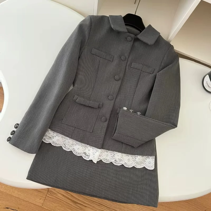 Korean Fashion Office Lady Skirt Suit Women Elegant Lace Turn-down Collar Slim Coat + High Waist Mini Skirt Grey 2 Piece Set New