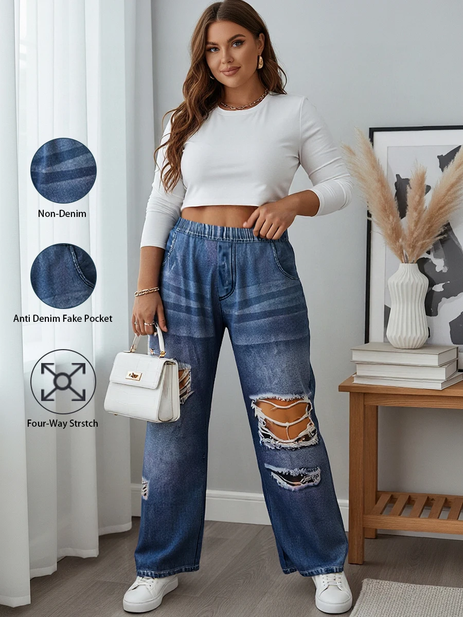 

Plus Size Wide Leg Palazzo Pants, High Waist Tummy Control Faux Denim Trousers, Stretchy Ripped Slacks for Curvy Women