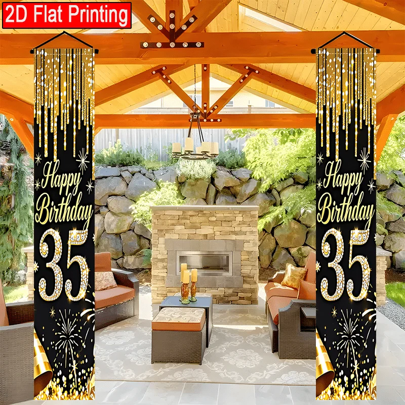 2D Flaches 2er-Pack Happy Birthday Banner mit Schwarz-Gold-Fransen für die Feier des 35. Geburtstags, geeignet für den Außenbereich – Detail 6