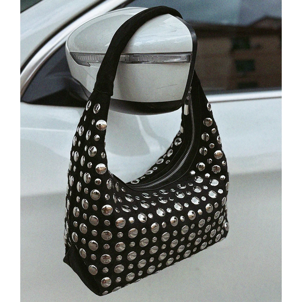 Fashion Studded Shoulder Bag F - Half Moon Bag Suede 评论和价格