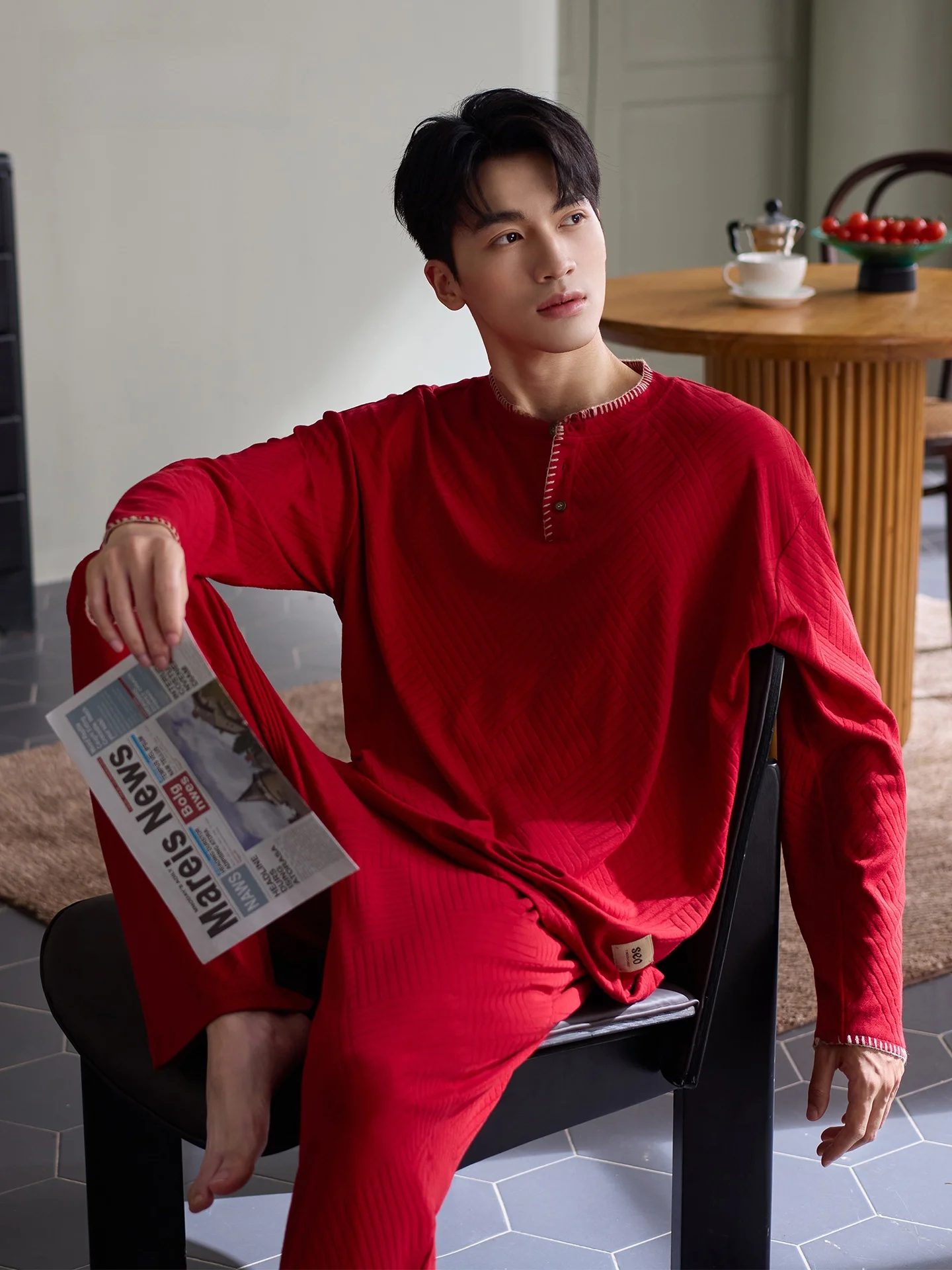 Pijama Masculino de Algodão Puro Vermelho Shanghai Story para Casamento, Conjunto de Roupa de Casa para Casais, Caixa de Presente, Confortável, Caimento Solto, Manga Longa