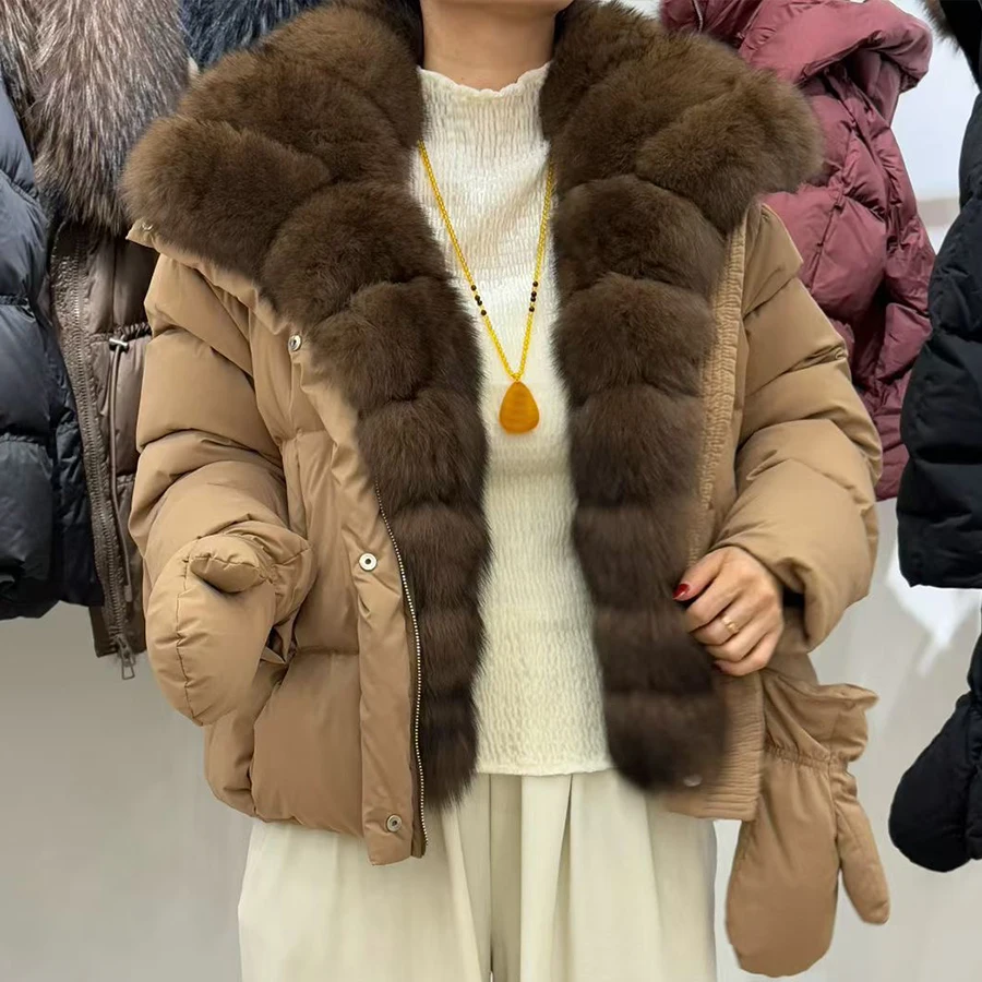 

Women's Winter Down Jacket With Fur Collar Real Fox Fur Puffer Jacket White Genuine Fox Fur Coat High Quality Furry Jacket